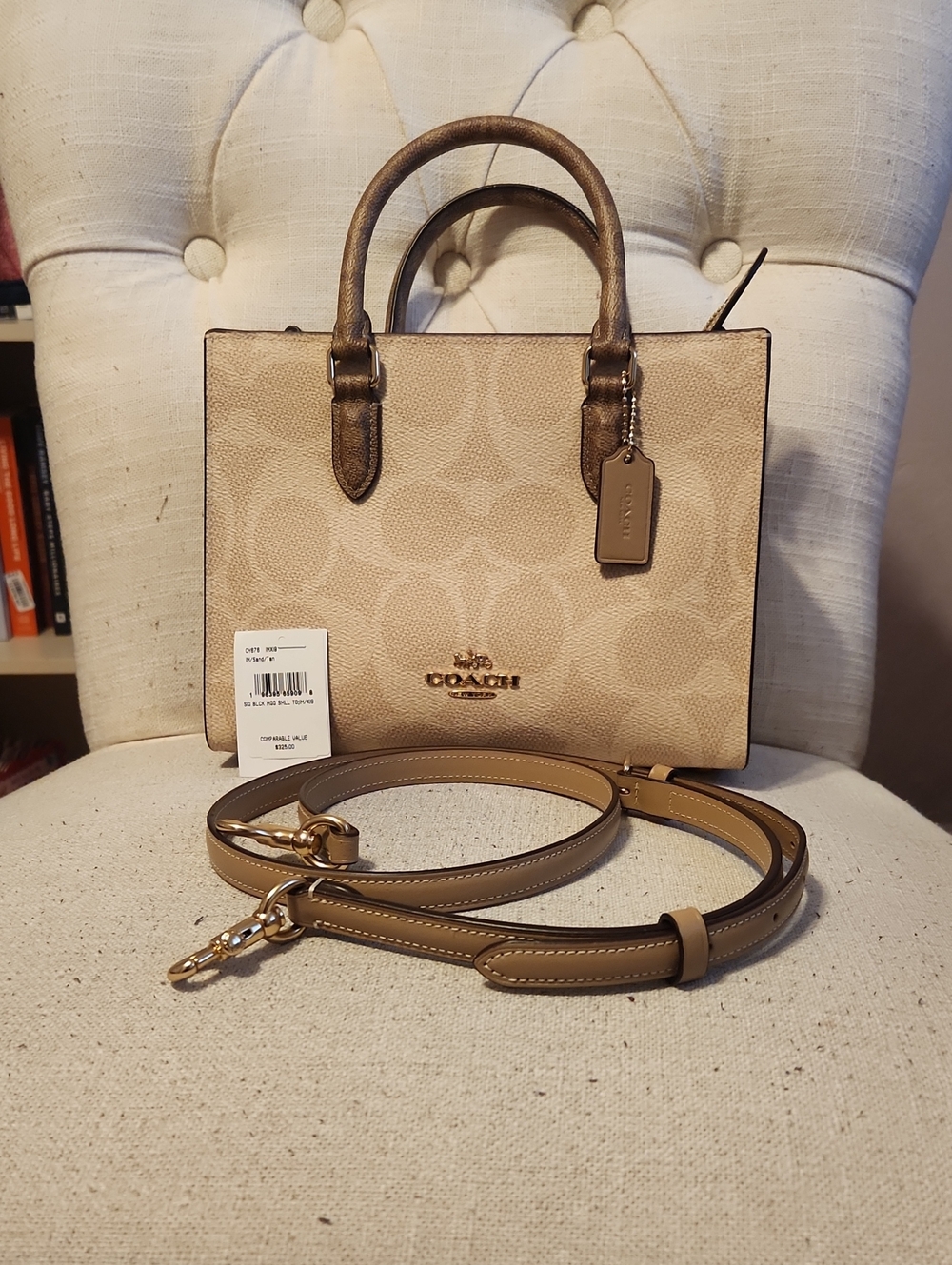 Coach Mini Tote in Khaki and Chalk Signature Canvas with Tan Leather Trim